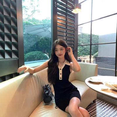 Contrasting Short Slim Hottie Hepburn Style Little Black Dress Tight Sweet Girl Summer Black Polo Hip Wrap Dress