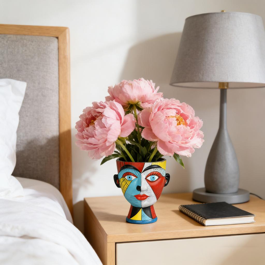 Abstract Face Flower Pot, Colorful, Uniquely Shaped, With Drainage Holes, Handmade Resin Vase, Modern Home Décor.