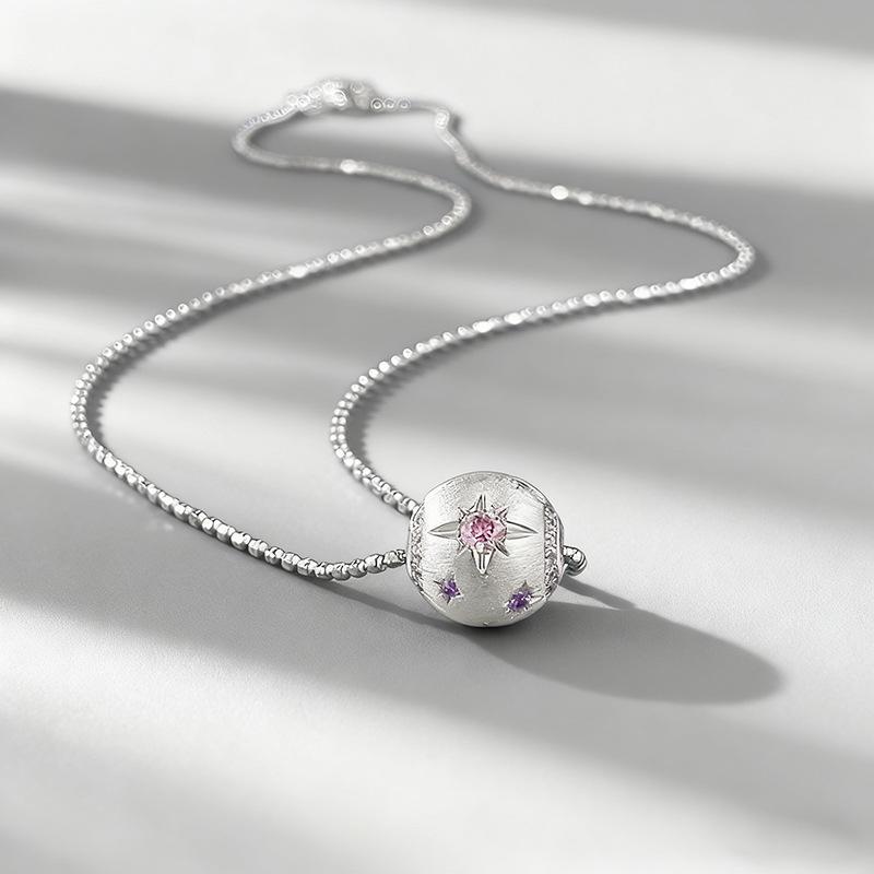 Xian Can S925 Silver Pink Zircon Brushed Ball Necklace for Women - Elegant Daily Jewelry