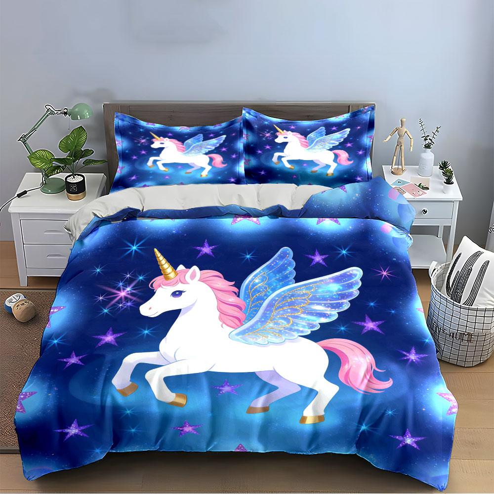 Unicorn with Wings and Stars Bedding Duvet Cover Set (1*Duvet Cover 2*Pillowcases, without duvet insert)