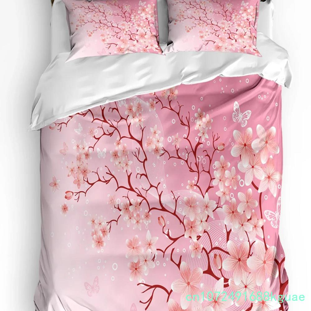 Japanese Style Cherry Blossoms Pink Bedding Set 3pcs Duvet Cover Pillowcase Kids Adult Quilt Cover Double Bed Set Home Textile