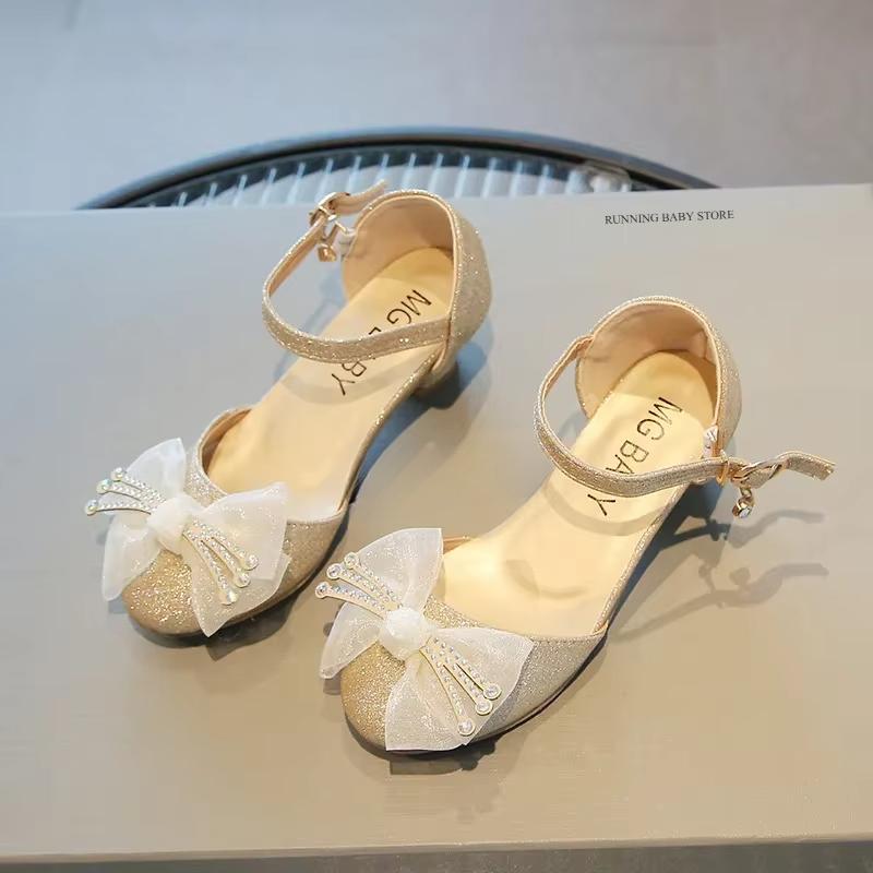 

High Heels Sandals for Girls Rhinestone Bling Wedding Party Dress Shoes Butterfly-knot Little Girl Pumps with Rhinestone I04015 26 золотой