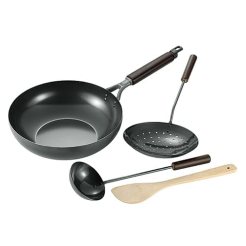 Yokoyama Souen Stir-fry Pan, 28cm, SE-54, with Ladle, Jar, and Bamboo Spatula, Induction and Gas Compatible, Made In Japan
