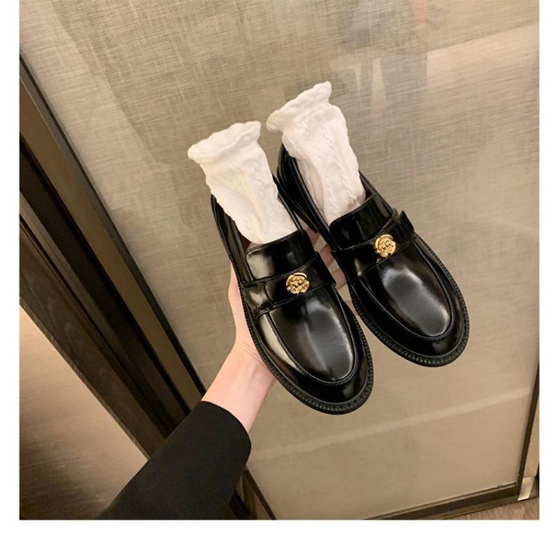 Sheepskin~ thick-soled small leather shoes women's camellia one-pedal genuine leather British retro thick heel lazy single shoes