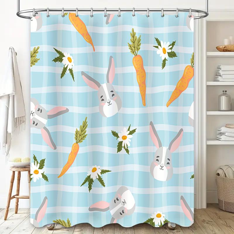 Cute Rabbit Carrot Shower Curtain Set For Bathroom Decor Blue Plaid Fabric Print