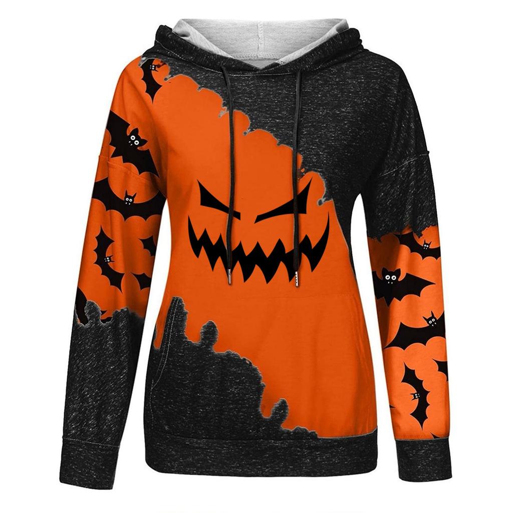 Women's Halloween Print Pullover Round Neck Drop Shoulder Long Sleeved Blouse