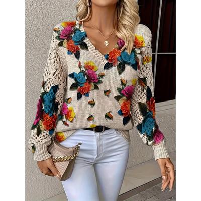 Elegant Autumn and Winter, Bohemian, Western-style Versatile Pullover V-neck Long Sleeved Women's Top, Trendy Women's Knitted Sweater