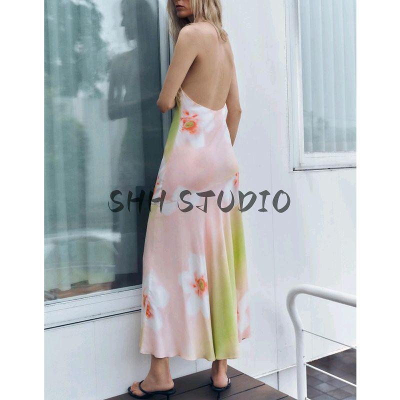 Summer New Product Women's Clothes French Style Open Back Design Flower Print Elegant Hanging Collar Dress 2587078