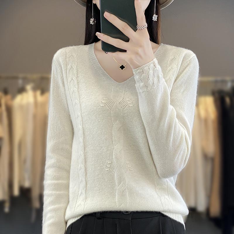 INDFS Damenmode Lässig Herbst Winter Einfarbig Druck Langarm V-Ausschnitt Pullover