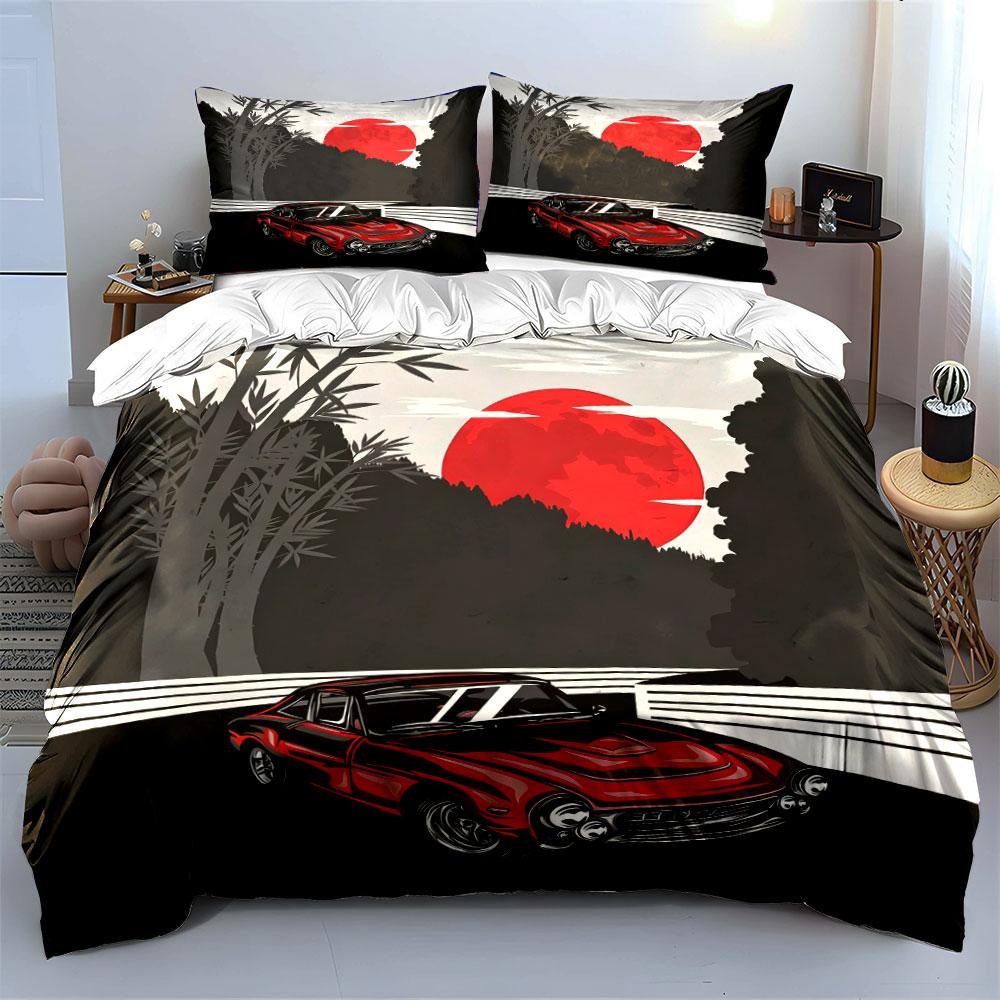 Classic Car Under Red Moon  Kid'S And Adults' Bedroom Decor, Exquisite Three-Piece Bedding Set Gift