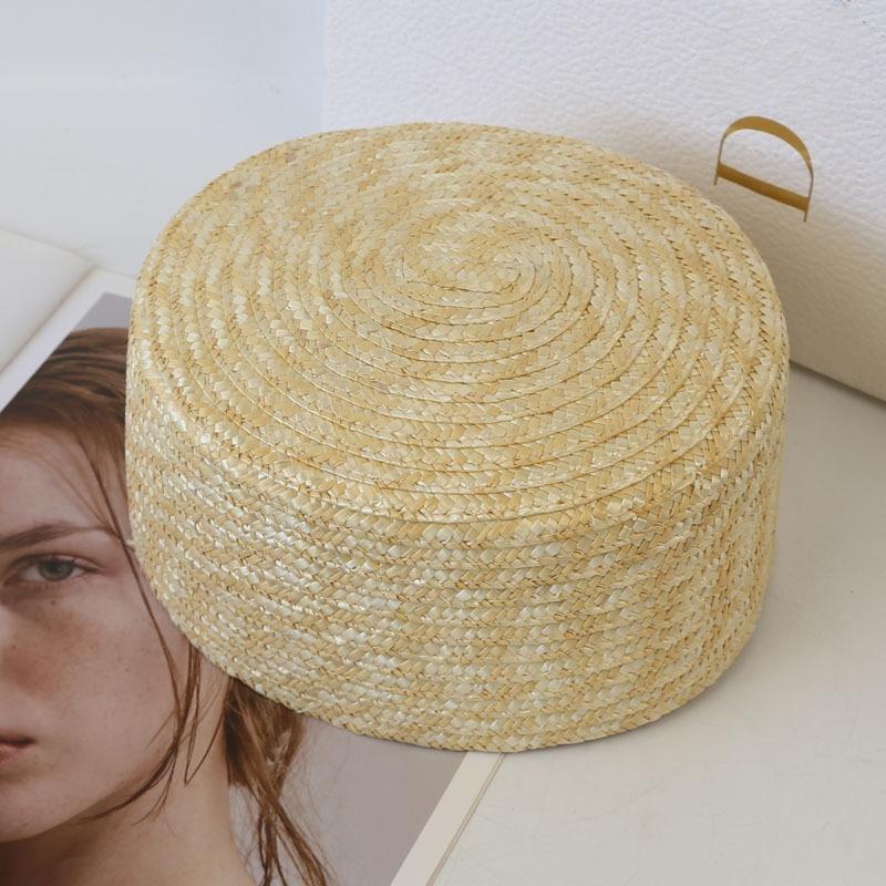 Summer Vintage 100% Raffia Flat Top Sun Hat Women Natural Wheat Straw Hand Woven Pillbox Hat Party Charming Wedding Party Berets