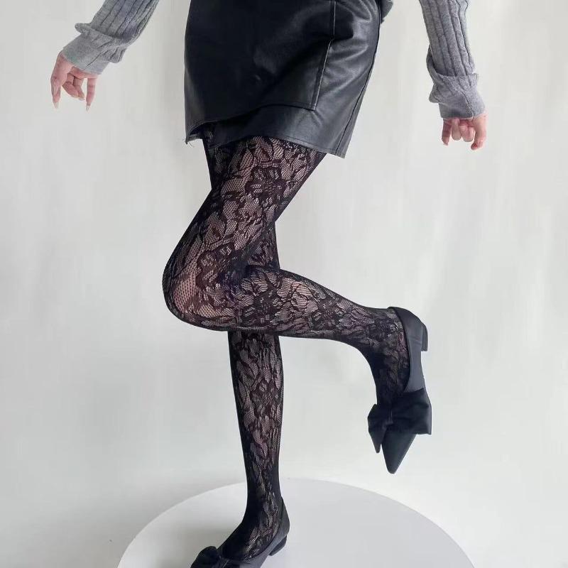 Women Floral Lace Tights Summer Mesh Sexy Hollowed Out Thin and Breathable Retro Punk Y2k Pantyhose Individual Fishnet Stockings