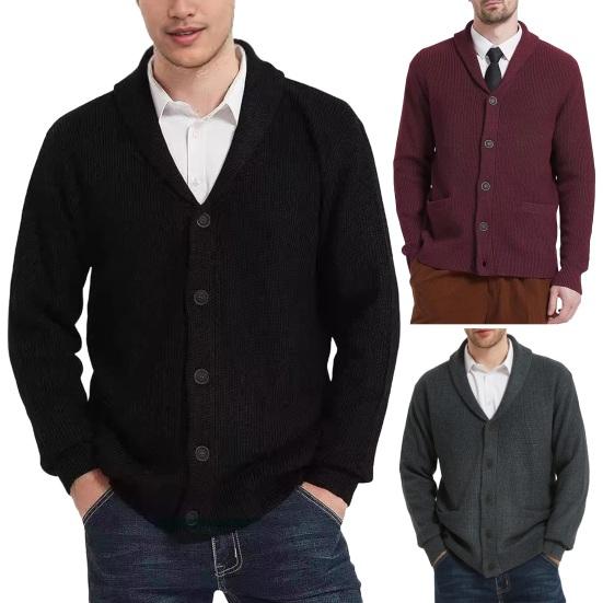 Herrenmantel aus Wollmischung mit Schalkragen, Pullover, Strickjacke mit Taschen, weiche, warme Strick-Winterjacke für die Arbeit, Partys und Sport