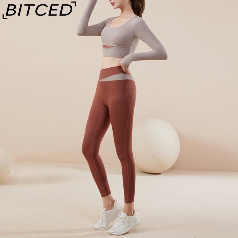 BITCED Color-Block Long Yoga Set Quick-Dry Seamless Nude-Feel Fitness Wear Seamless Slimming Breathable Sports Set