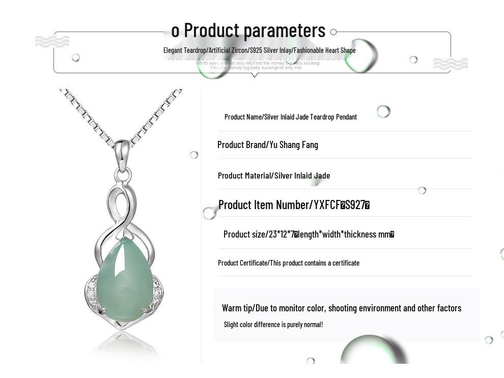 Yu Ding Sheng S925 Sterling Silver Teardrop Pendant with Natural Myanmar Jadeite for Women