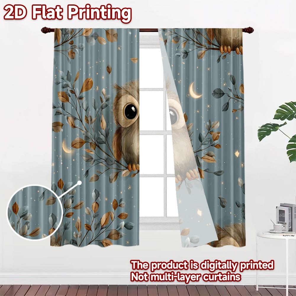 2D flat printing 2pcs Curtain Curtain Moonlit Owl on Branch Digital Printed Polyester Drapes Birthday Party Perfect for Yard &