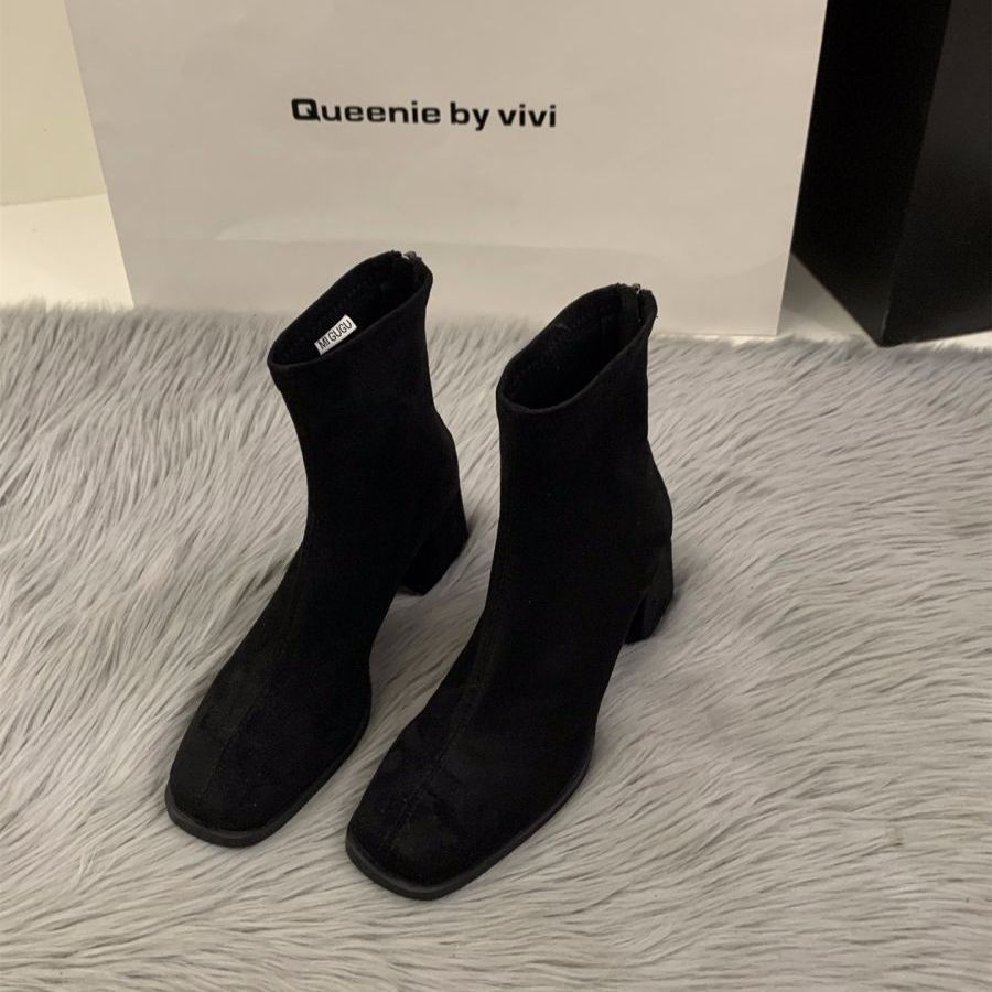 Women Ankle Boots 2026 Autumn Zipper Comfortable Short Boots Retro Fashion New Square Toe High Heel Shoes Women Botas De Mujer