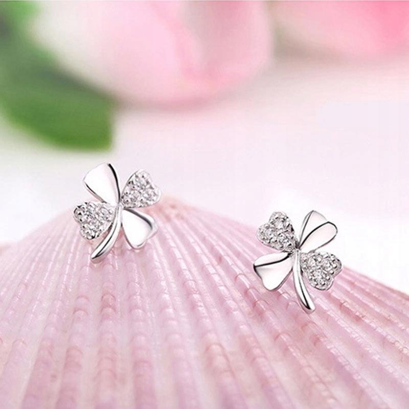 925 Silver Chain Earrings Bracelet Four Leaf Clover Crystal