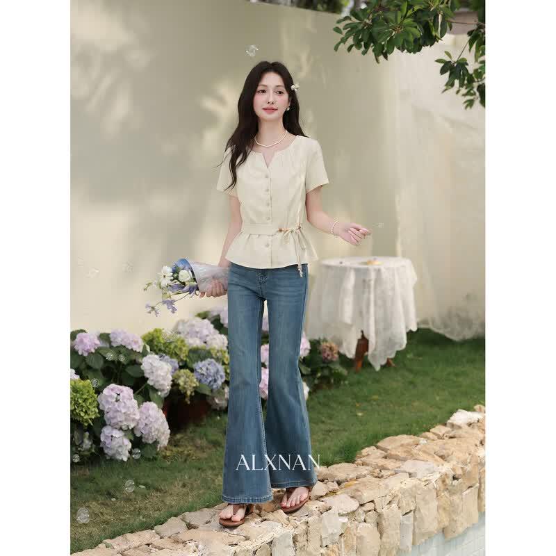 Lu Xiang Nan Women's French Style Apricot Short-Sleeve Blouse