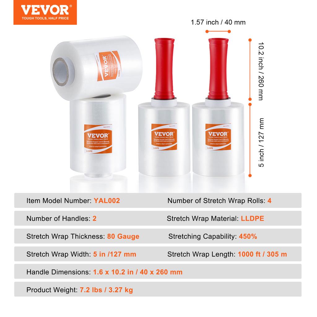 SucceBuy 2/4Packs Stretch Film Strength Clear Stretch Wrap Roll Shrink Film with Handles for Pallet Wrapping Shipping Moving