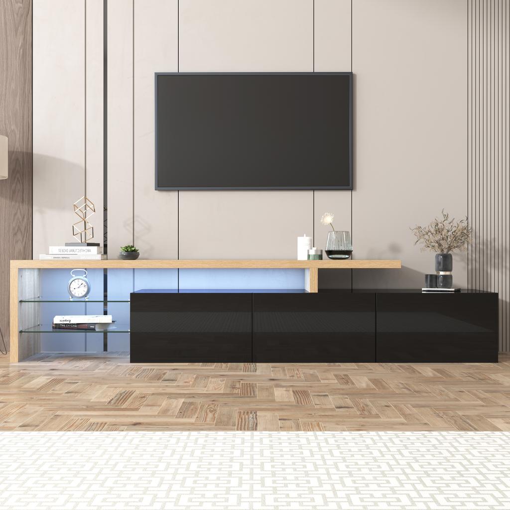 Modern TV Cabinet Design: Stylish Elegance, Practical Storage Space, High-Gloss Black, Wood Look, Glass Shelves, LED Lighting