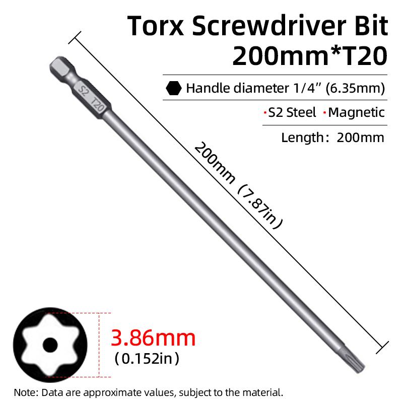200mm Torx Screwdriver Bits Magnetic Hollow Plum Blossom Head S2 Steel Security Bit T6-T40 1/4'' Hex Shank Hand Power Tools