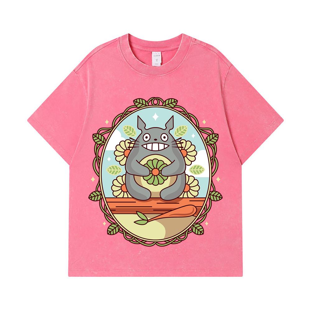 275 GSM Washed T-shirts 100% Cotton Ghibli V6 Totoro Print Unisex Heavy Cotton T Shirt