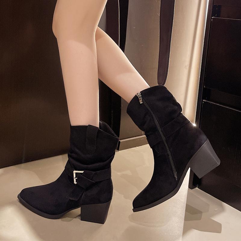 Botki damskie na wysokim obcasie Modne buty z czubkiem Grube markowe buty zimowe Szpilki Nowy trend Sukienka Mujer Botas