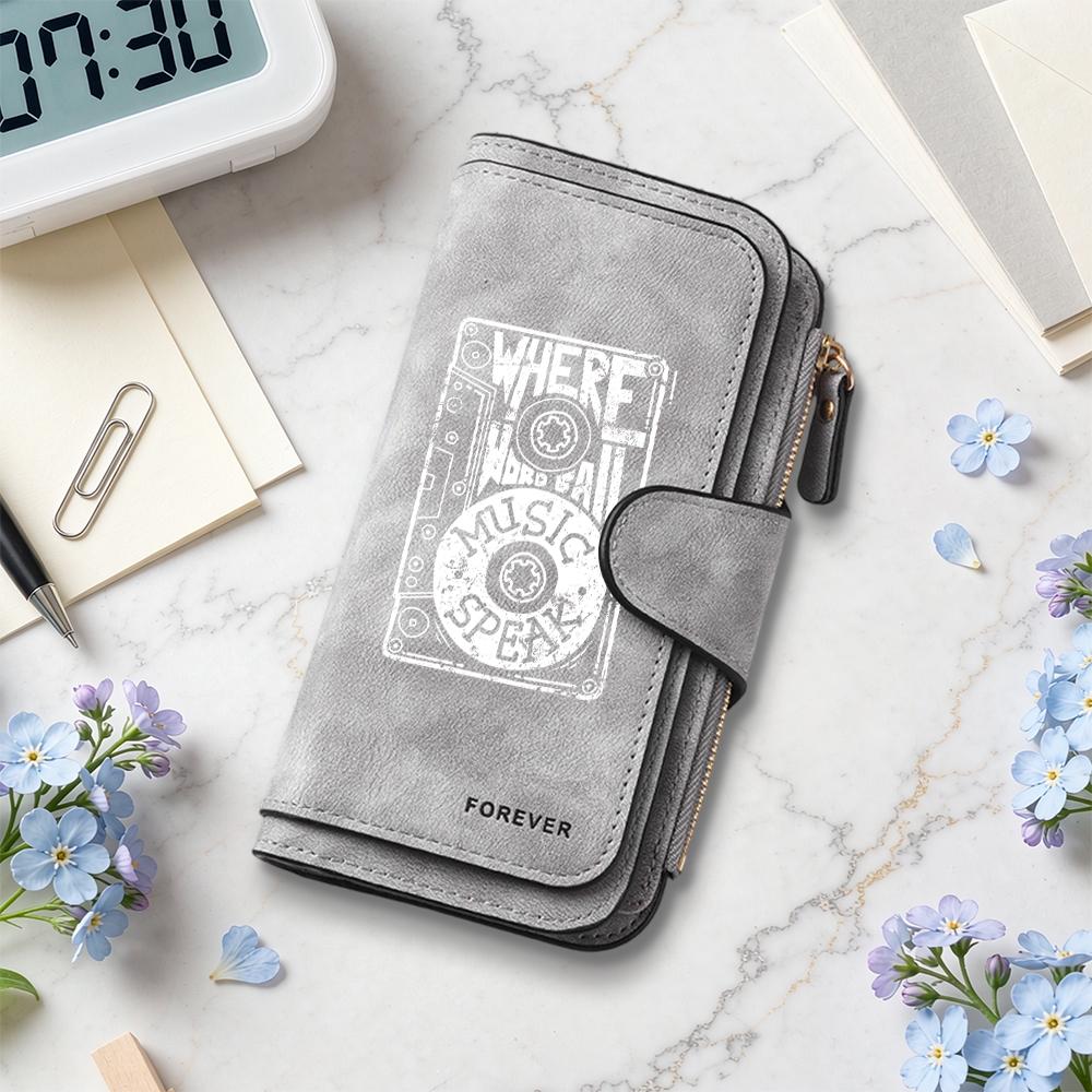 Vintage Music Print Long Wallet Casual PU Leather Multi Card Slot Daily Use Purse
