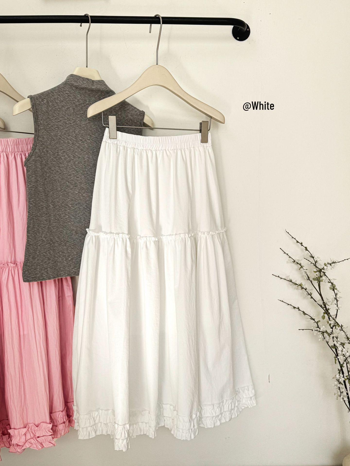 

Женская юбка-трапеция с высокой талией и воланами, нежный стиль - Абрикосовый/Белый, Миди с широким подолом для Весны/Лета One Size