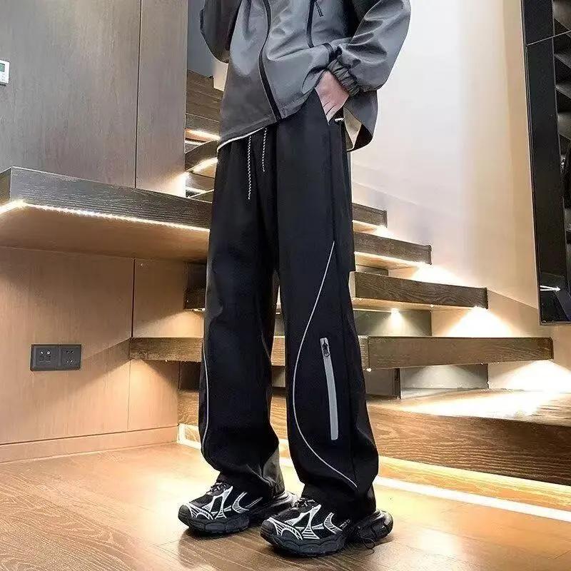 

Американский стиль Сари Карманы Повседневные Брюки Весна Осень Высокая Талия Мужская Одежда Широкие Штаны Техно-одежда Светоотражающая Молния Брюки S чёрный