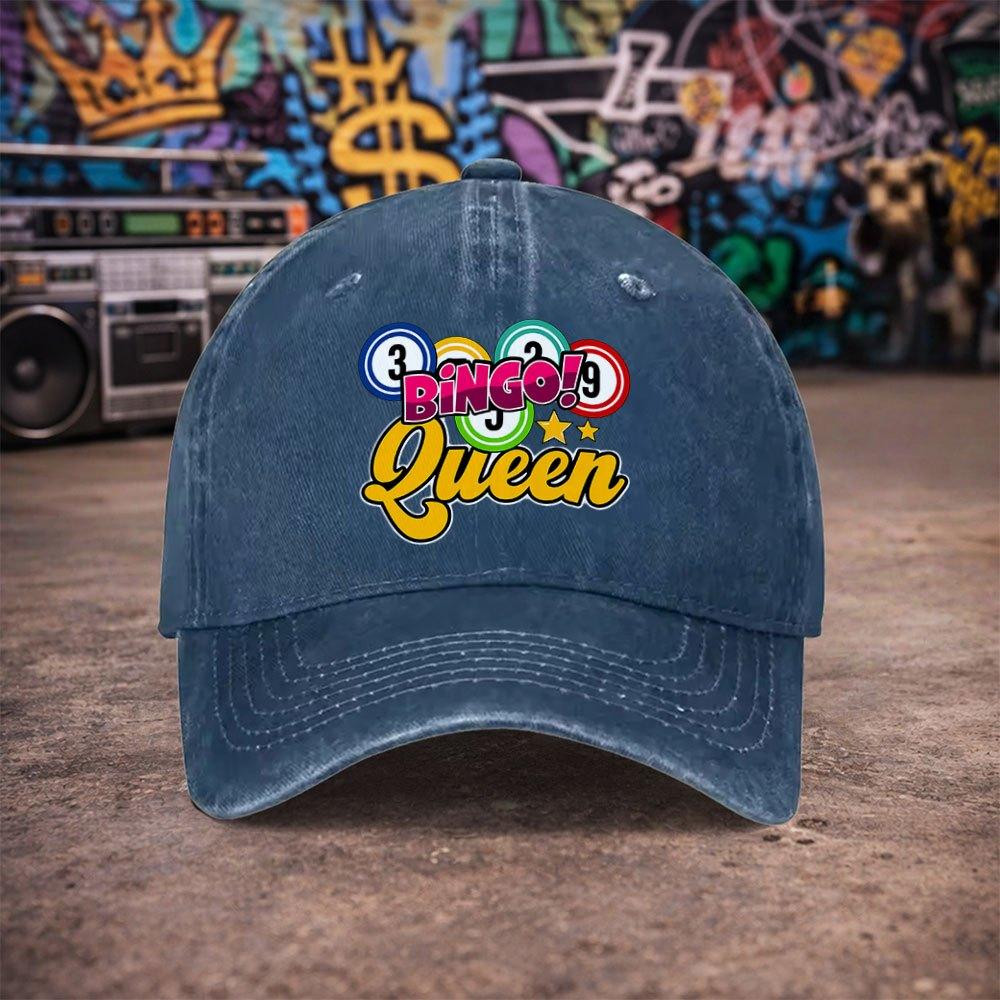 Unisex Bingo Queen Vintage Washed Baseball Cap Trendy Duckbill Hat for Unisex Women Fun Print Birthday Gift Multiple Colors