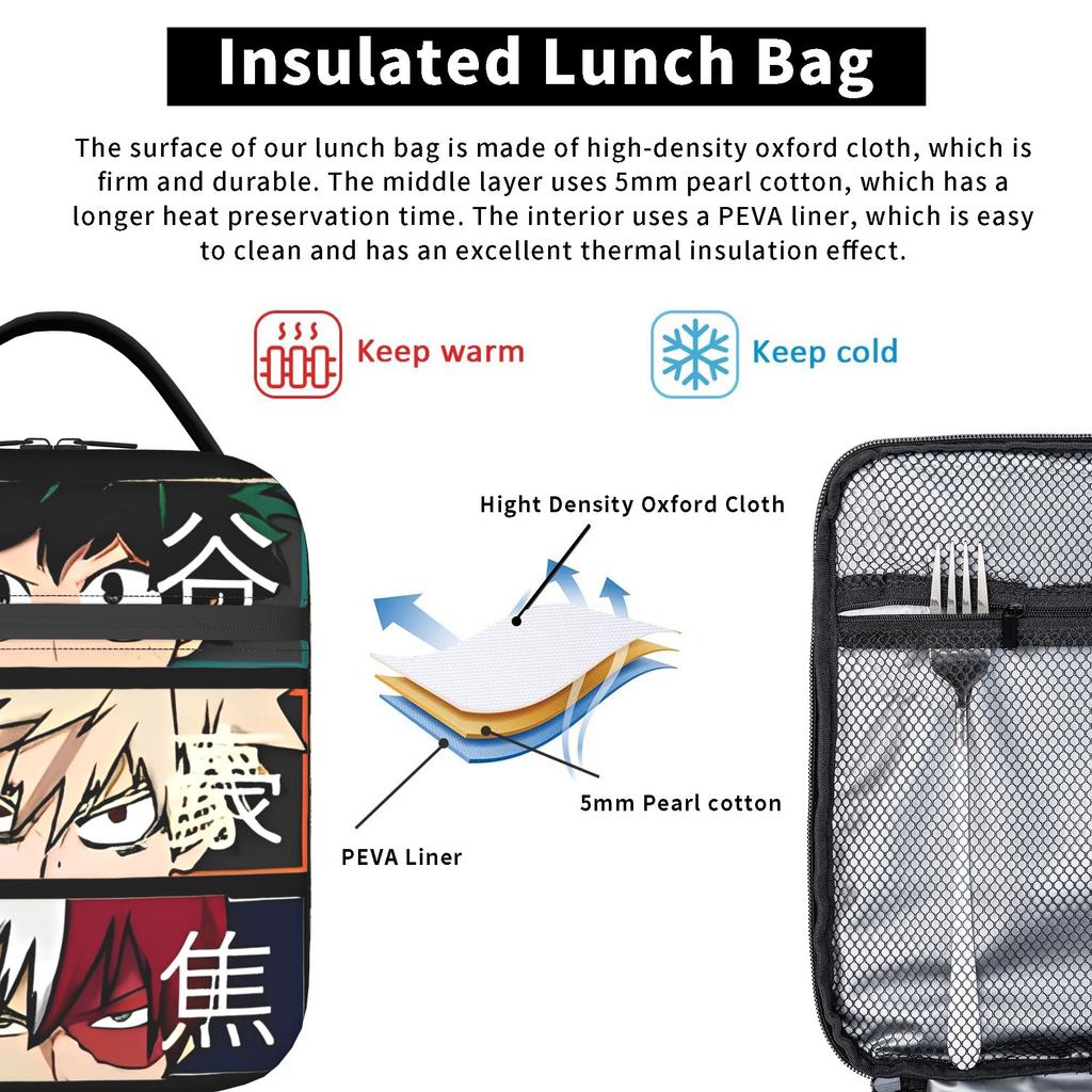 MHA Insulated Lunch Bags Thermal Bag Reusable,Meal Container Anime Deku Bakugou Katsuki Leakproof Lunch Box Tote Bento Pouch