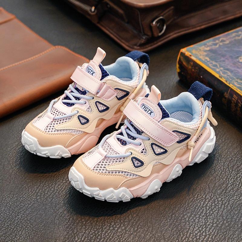 Kids Shoes Girls  Sports Shoes Spring Genuine Leather + Mesh Breathable Thin Single Shoes Lightweight Running Shoes 26
