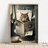Cat Sitting On Toilet Reading Newspaper Funny Bathroom Wall Humor Poster Decor Animal Porcupine Canvas Painting Room Home Decor No Frame