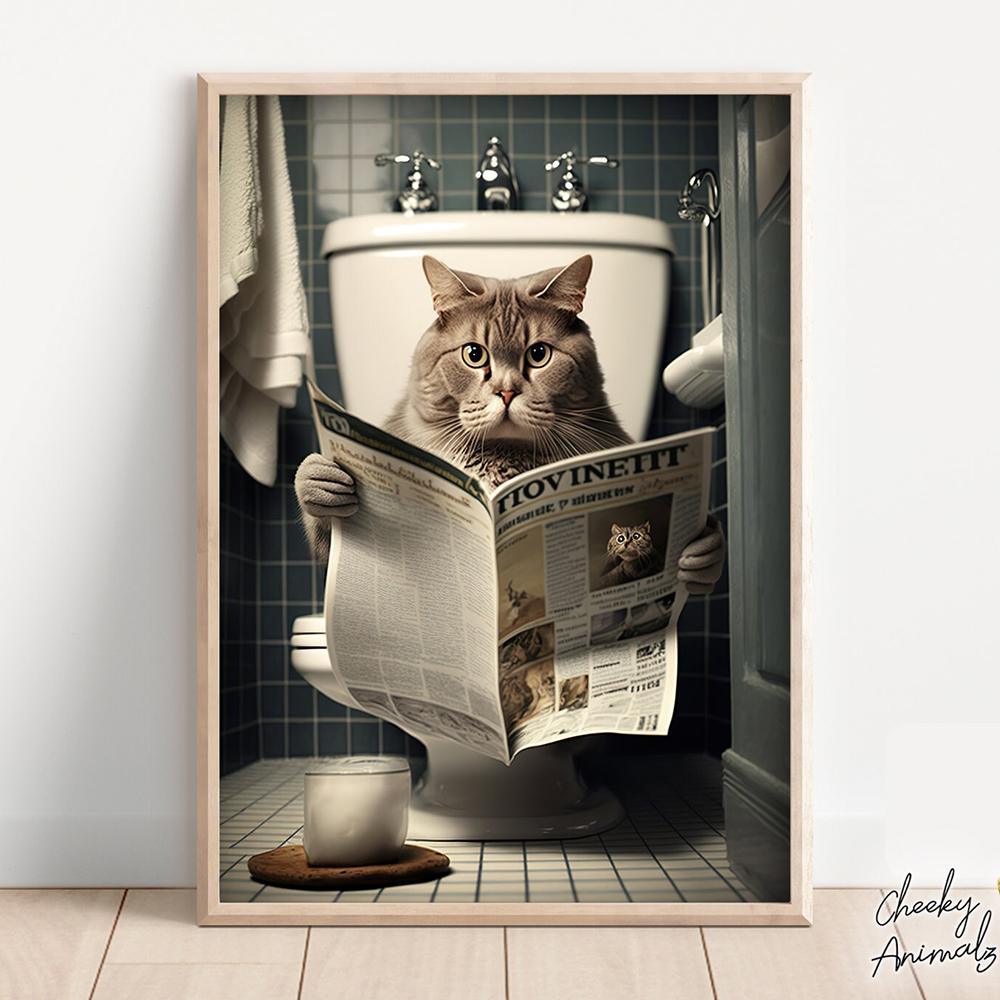 Cat Sitting On Toilet Reading Newspaper Funny Bathroom Wall Humor Poster Decor Animal Porcupine Canvas Painting Room Home Decor No Frame