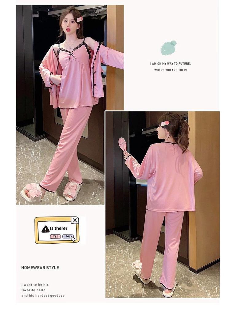 Damen Frühling/Herbst Pyjama Set: Süßes Trägertop mit Brustpolstern, langen Ärmeln und Hose, Übergröße bis 230 lbs, dreiteilige Loungewear.