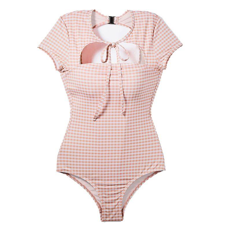 Plaid Retro Hong Kong Style Backless Tube Top One-piece Swimsuit Female Slim and Thin Temperament Resort Seaside Entity
