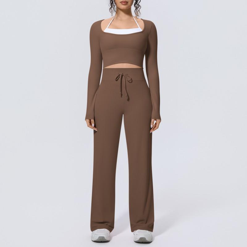 Womens Seamless Two-Piece Yoga Set Long Sleeve Top Flared Leggings Breathable Stretch Athletic Wear
