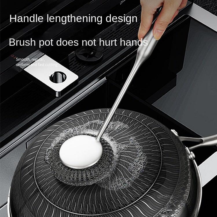 Stainless Steel Pot Brush Long Handle Can Be Hung Household Kitchen Cleaning Dishwashing Steel Brush Replacement Steel Ball