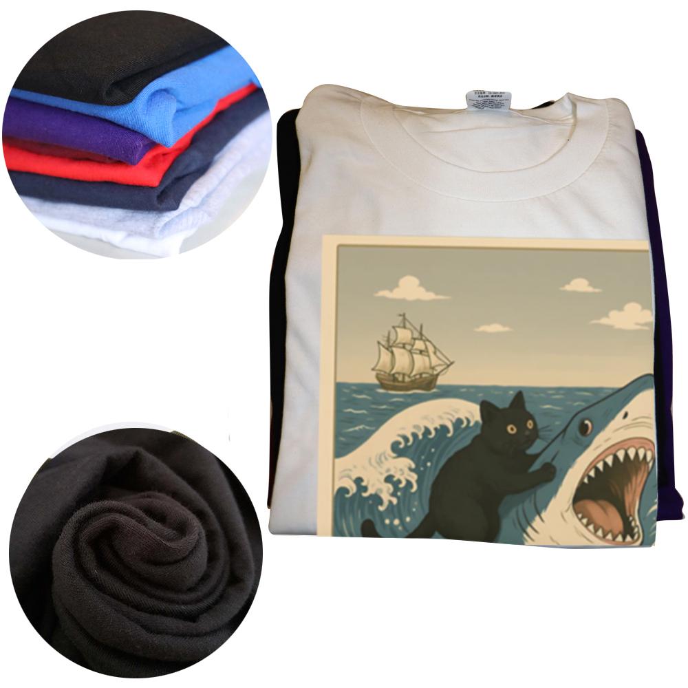 Funny Cat Riding Shark Meme Art Wave Graphic T-shirts Men Women's Fashion Casual Tshirt 100% Cotton Loose Oversized T Shirt