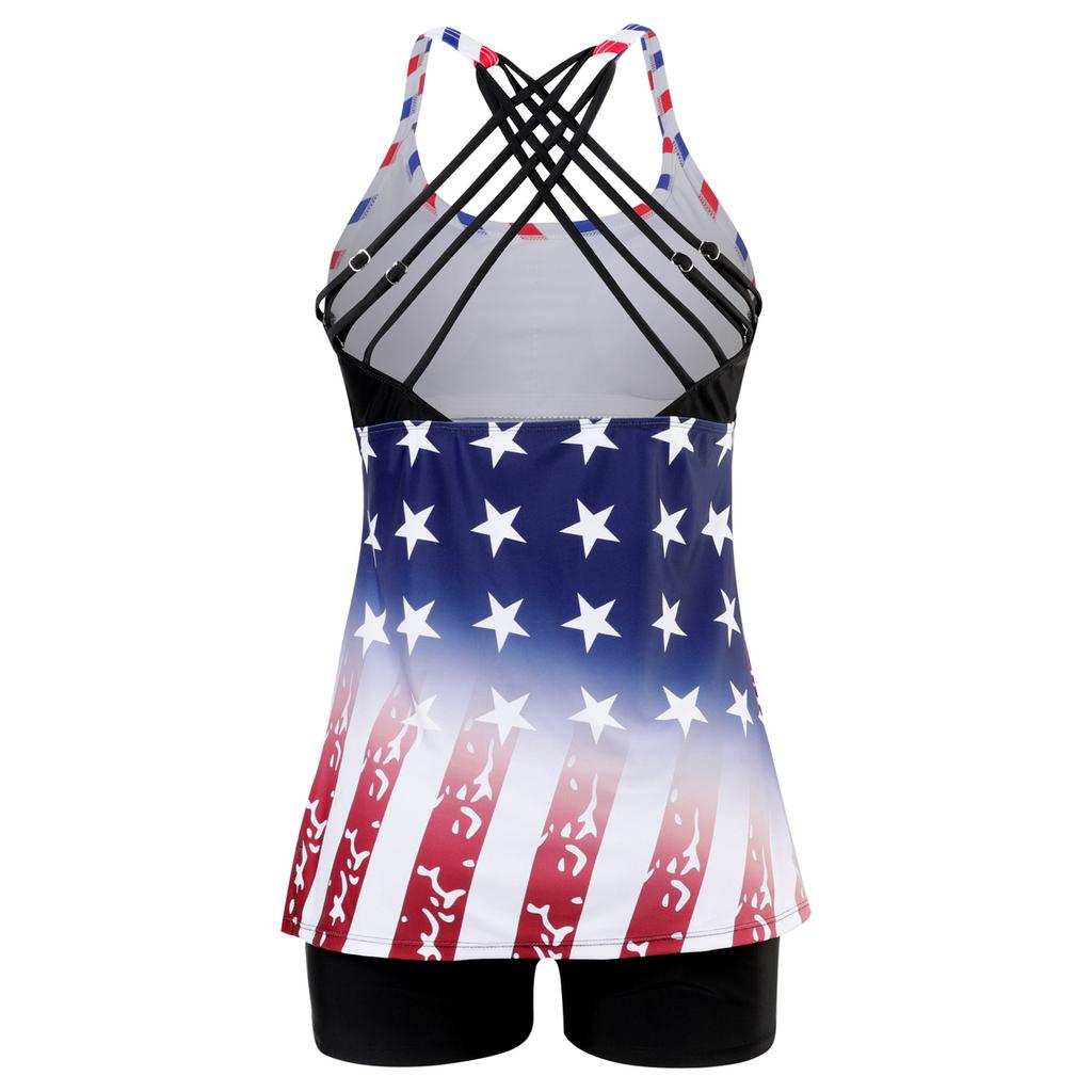 Women Lag Print Swimwear Bikini Set Round Neck Slim Split Swimsuit