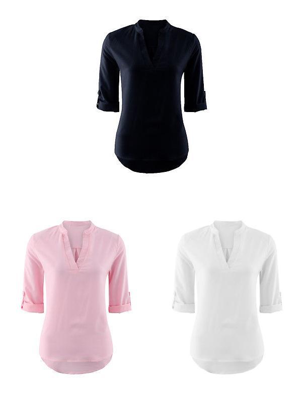 Polyester V Neck Button Front Womens Casual Shirt For Office And Spring Wear