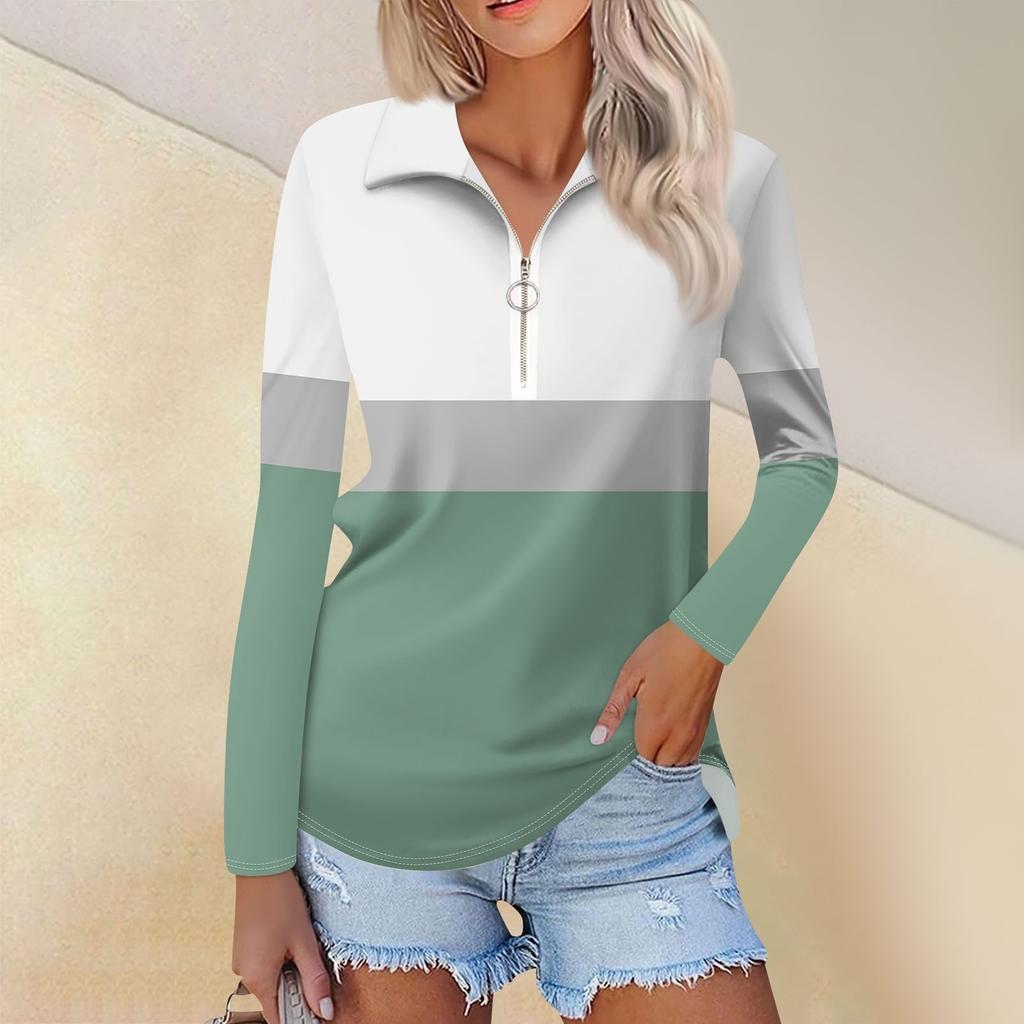 Women's Spring And  Fashion Casual  Printed Zipper V-Neck Long Sleeve Shirt Tops