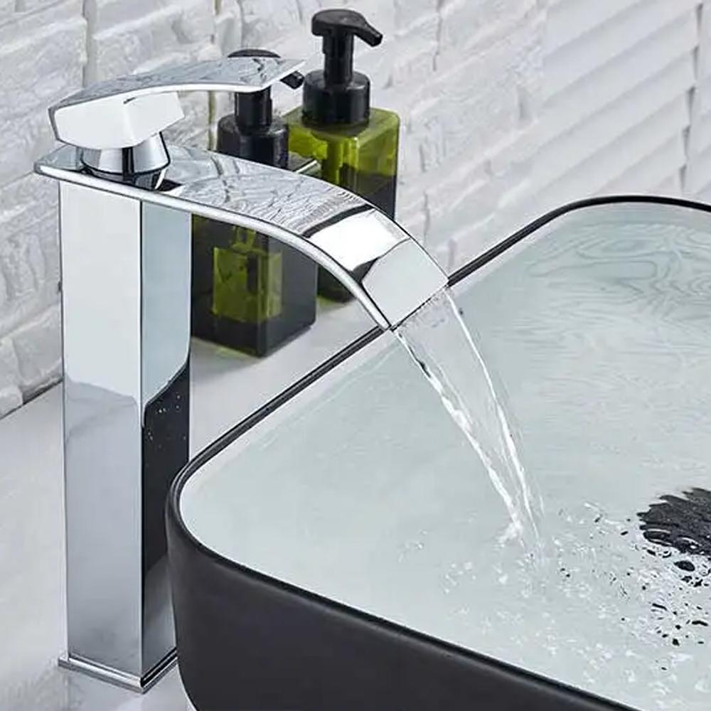Black Waterfall Basin Sink Faucet Tall Bathroom Mixer Tap Wide Spout Vessel Sink Fauet Hot Cold Water Tap