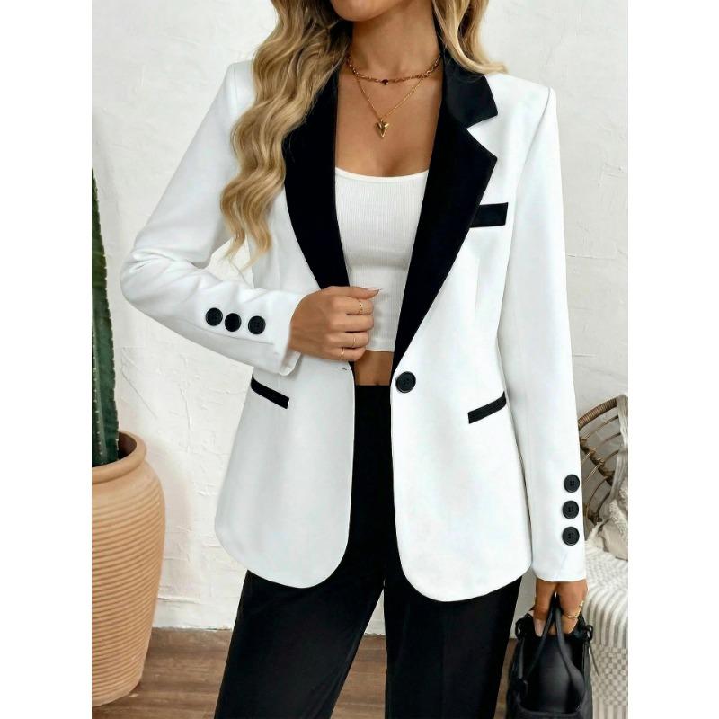 Women S Color Block Notched Lapel Single Breasted Fitted Waist Blazer