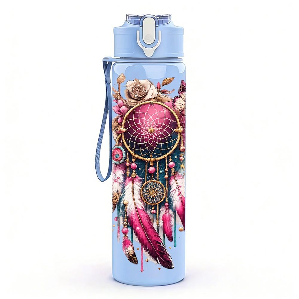 1PC Bohemian Color Flower Print 750ml Color Plastic Sports Water Bottle Leakproof Flip Straw Lid Suitable for Sports Office Home Use