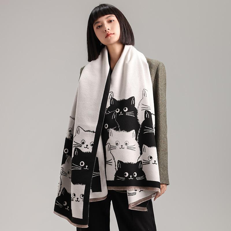 New Fashion Brand Cute Cat Ladies' Jacquard Pashmina Cashmere Scarf Winter Thick Warmth Shawl Coldproof Windproof Blanket Scarf