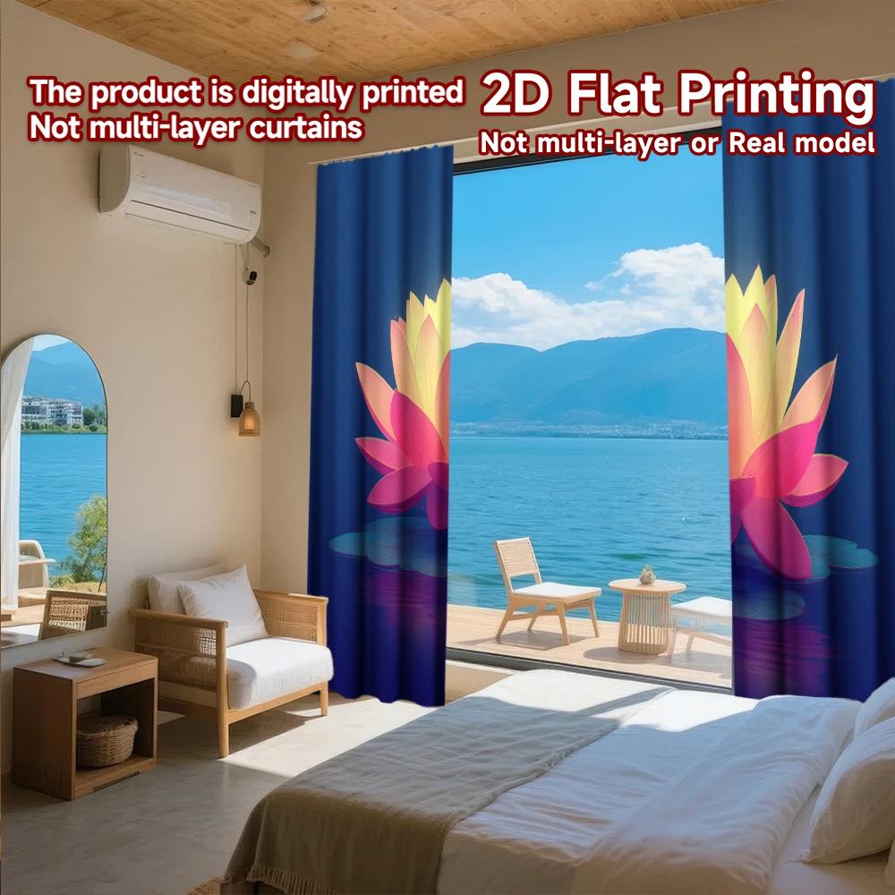 2D FLAT PRINTING 2pcs Curtains (Without Rod) Glowing Lotus on Water Easter Festival Fashion Curtains Fabric Curtains All Seasons
