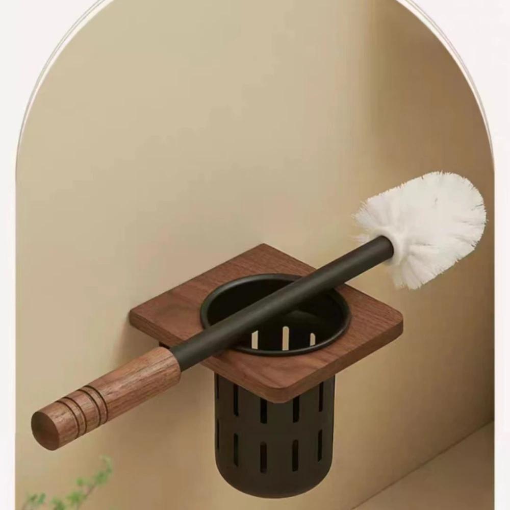 Premium Accessories High Quality Walnut Metal Toilet Brush Holder Wall Mounted No Dead Toilet Brush Storage Rack Bathroom Shelf Toilets Set
